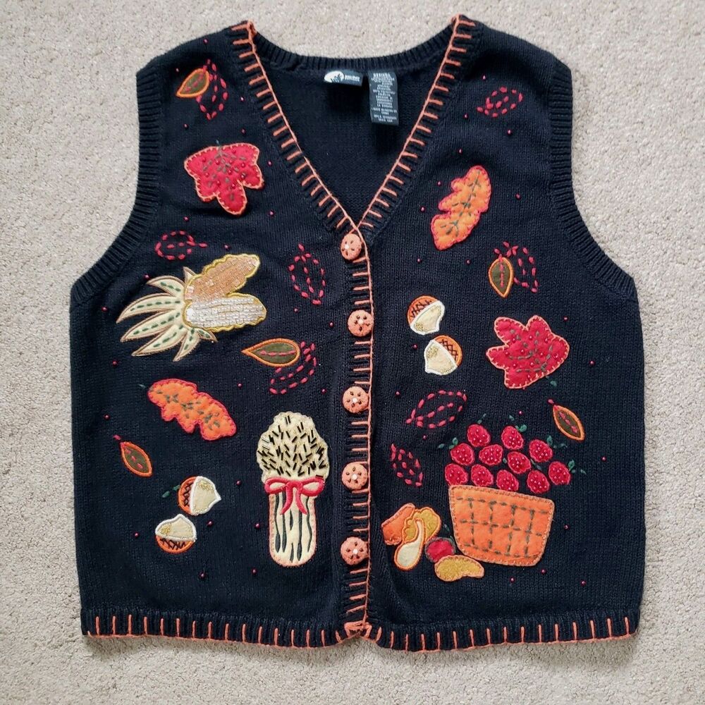 Holiday Editions Fall Harvest Autumn Knit Sweater Vest Embroidery Appliques Med